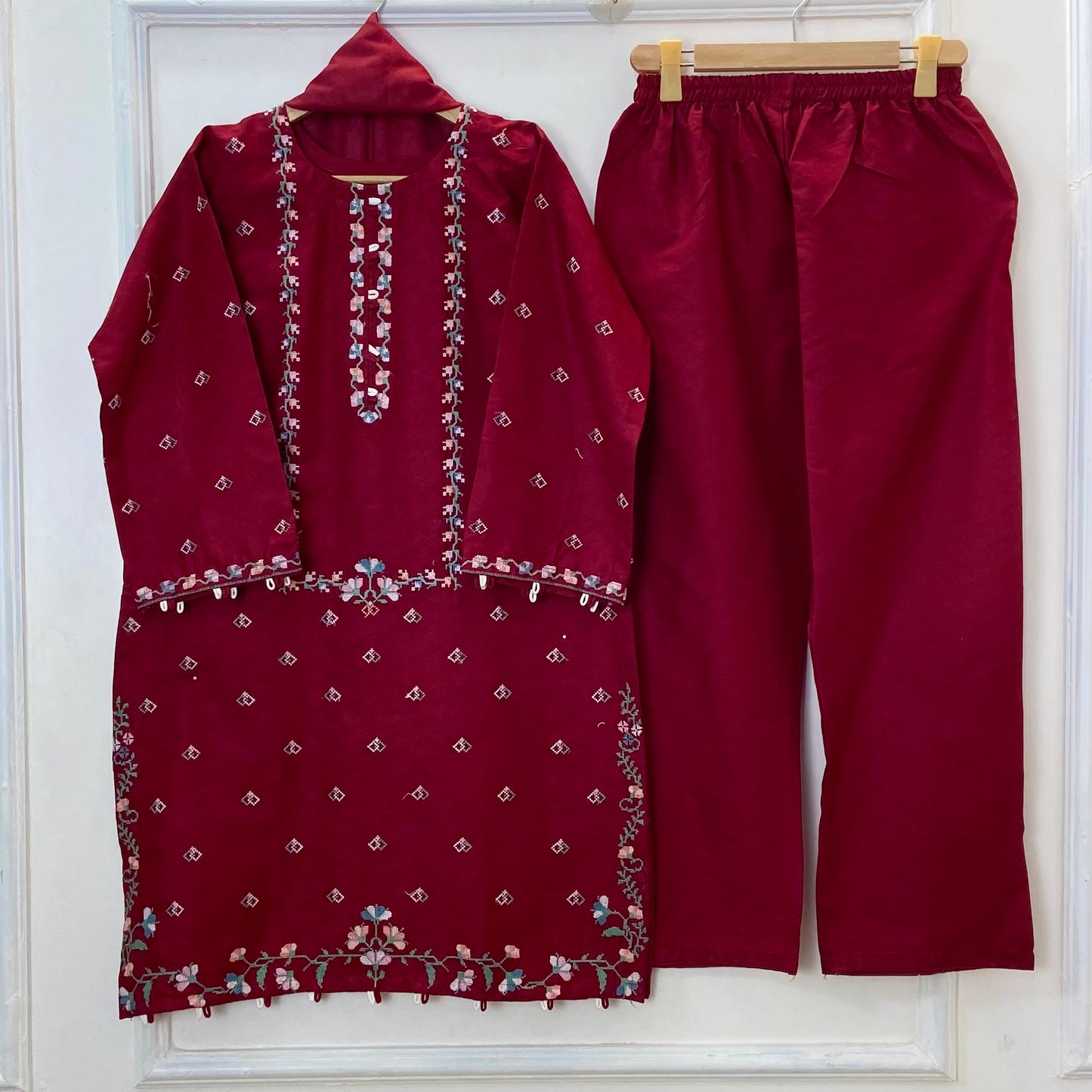 Cross-Stitched Petals Embroidered 3PC (Cotton)D-172