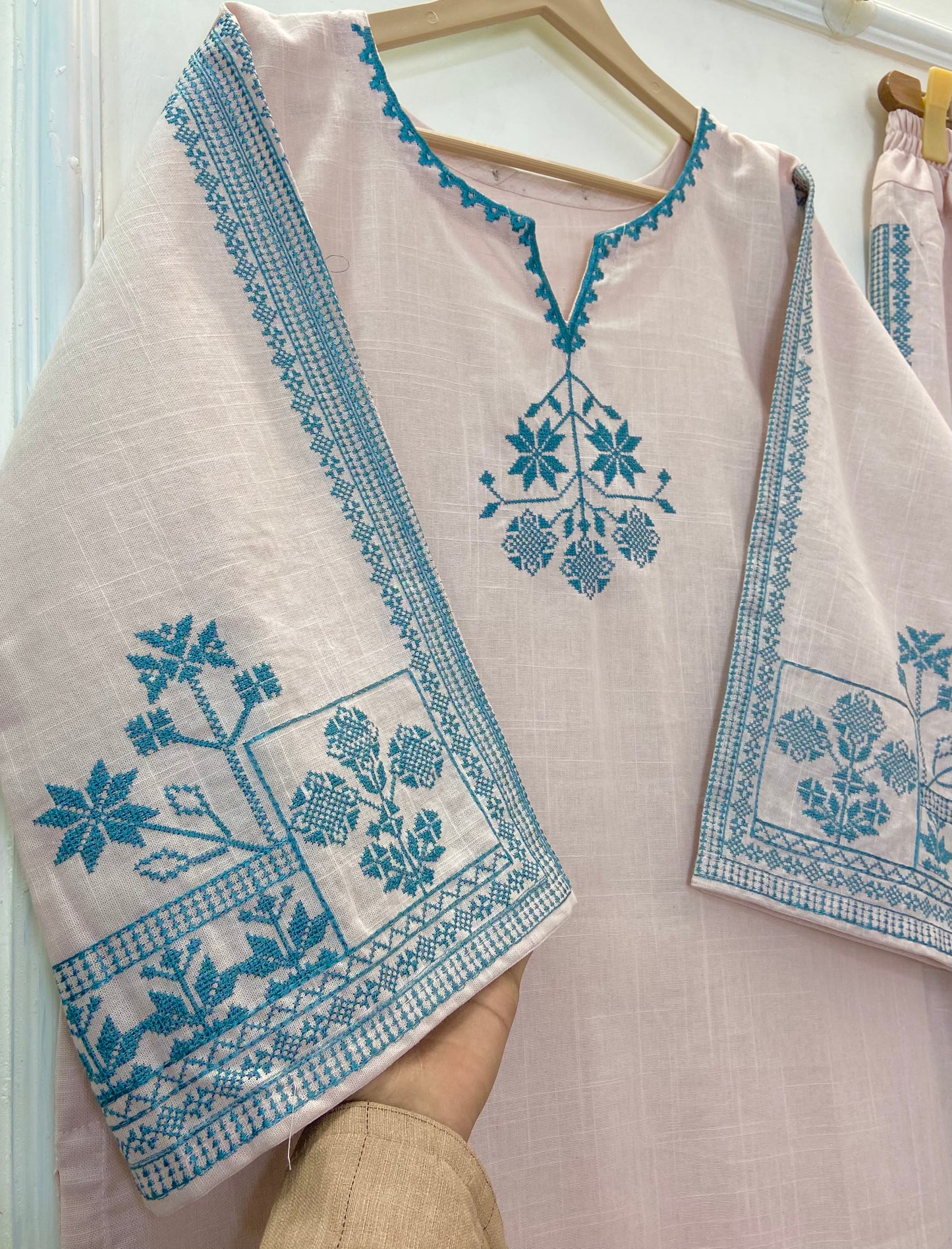 Skyblue Beige Charm 2PC (Cross-Stitch Embroidery) (Khaddar) D-277