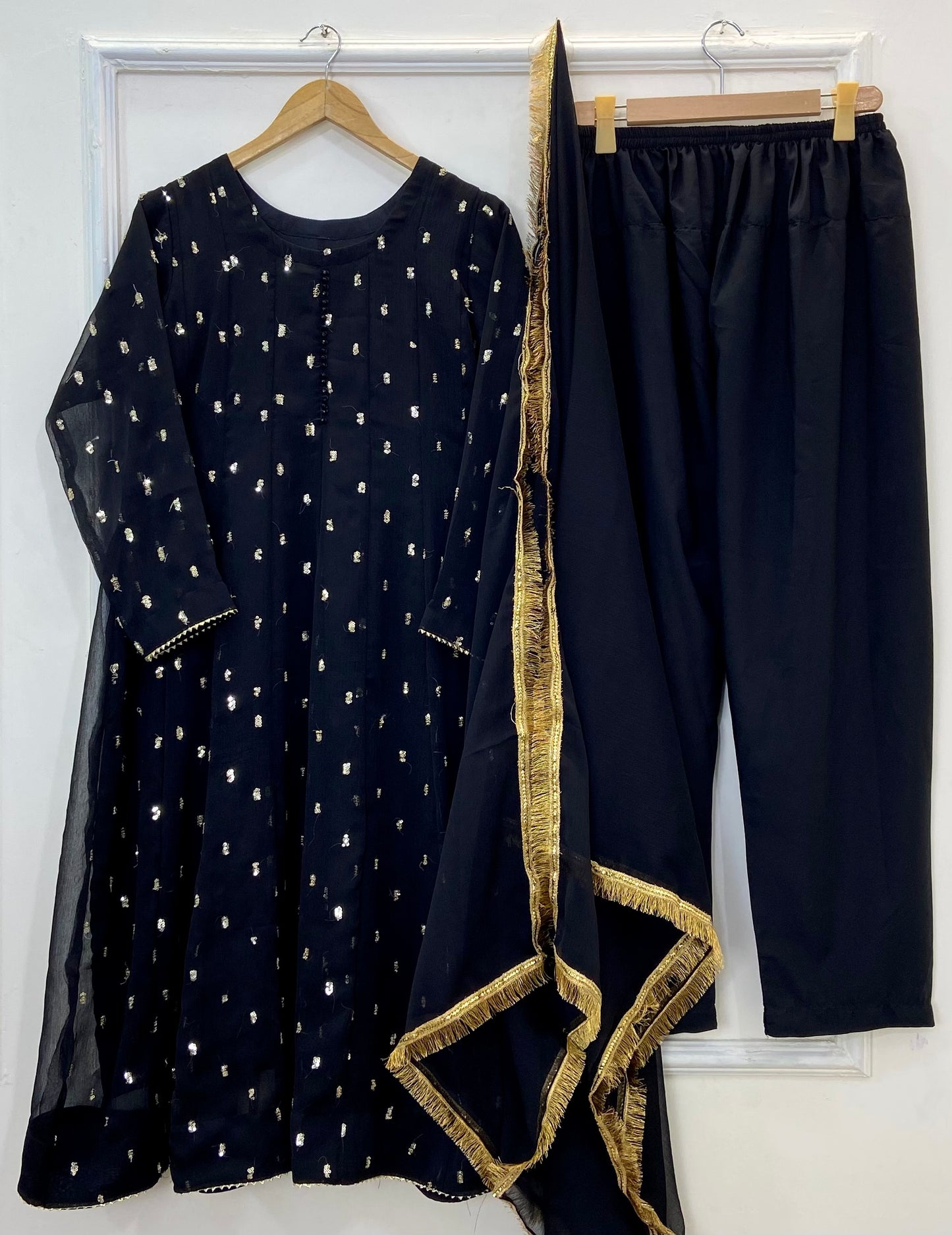Golden Sparkle Flared Frock 3PC (Chiffon) D-230