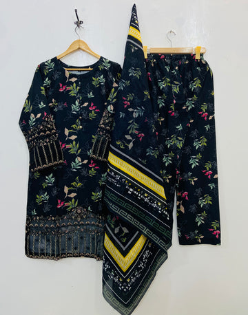 Black Floral Empress 3PC (Premium Cotton) D-146