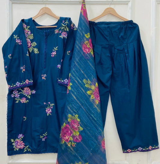 Embroidered Farshi | 3PC Cotton Lawn D-597