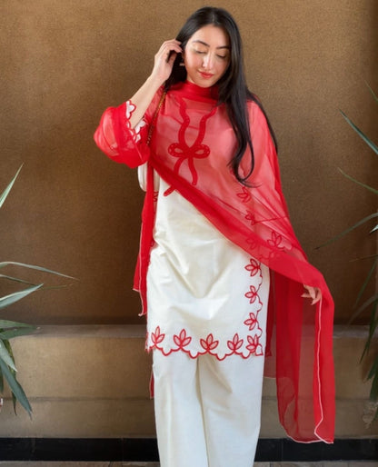 Pretty Bow Embroidered 3PC (Premium Cotton) D-316