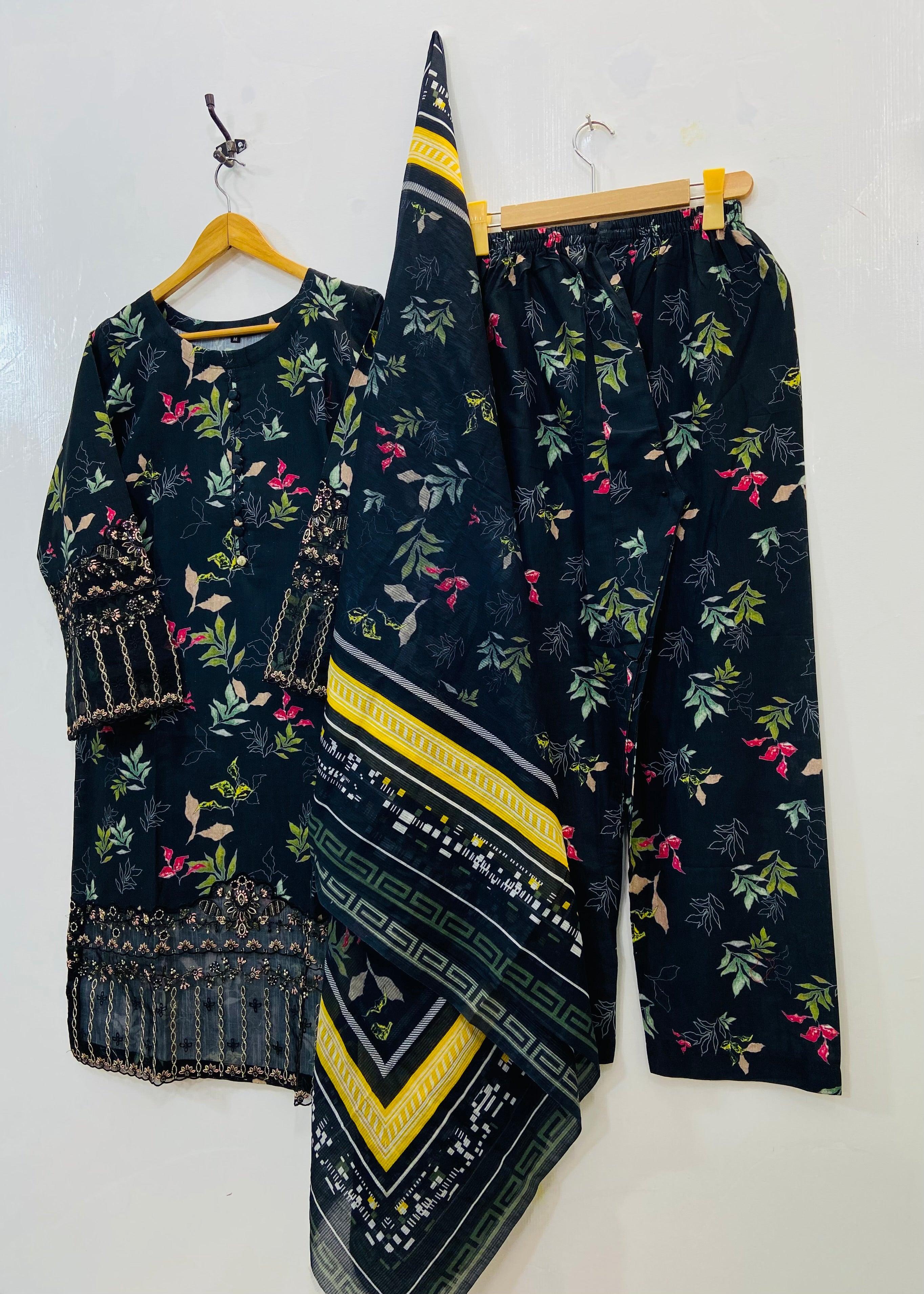 Black Floral Empress 3PC (Premium Cotton) D-146