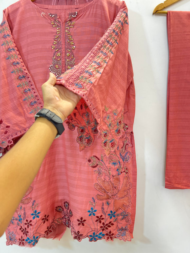 Cutwork Embroidered 3PC (Cotton Lawn) 04-Tea Pink