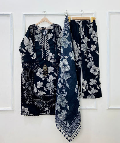 Black Rose Embroidered 3PC (Premium Cotton) D-436