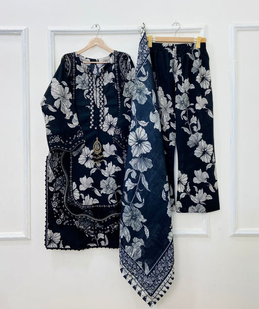 Black Rose Embroidered 3PC (Premium Cotton) D-436