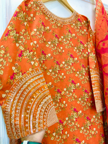 Emerald Embroidered 3PC (Bana Dora Silk) D-370