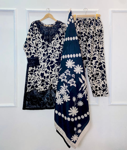 Black Swan Embroidered 3PC (Premium Cotton) D-337