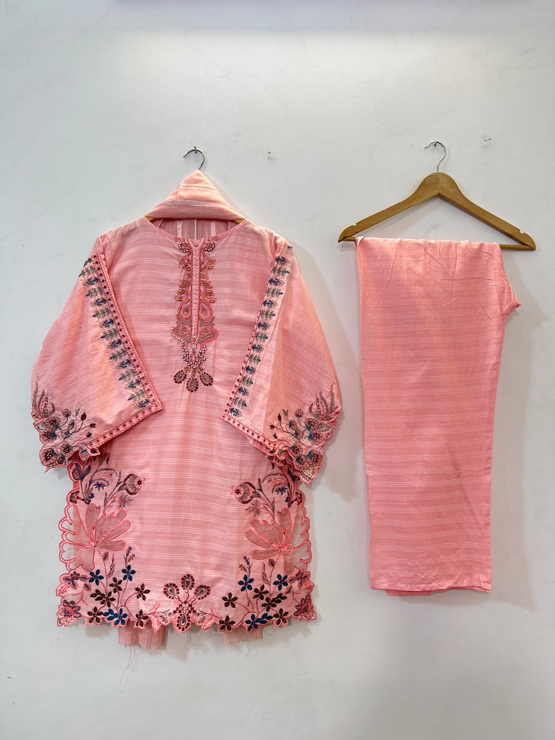 Cutwork Embroidered 3PC (Cotton Lawn) 04-Light Pink