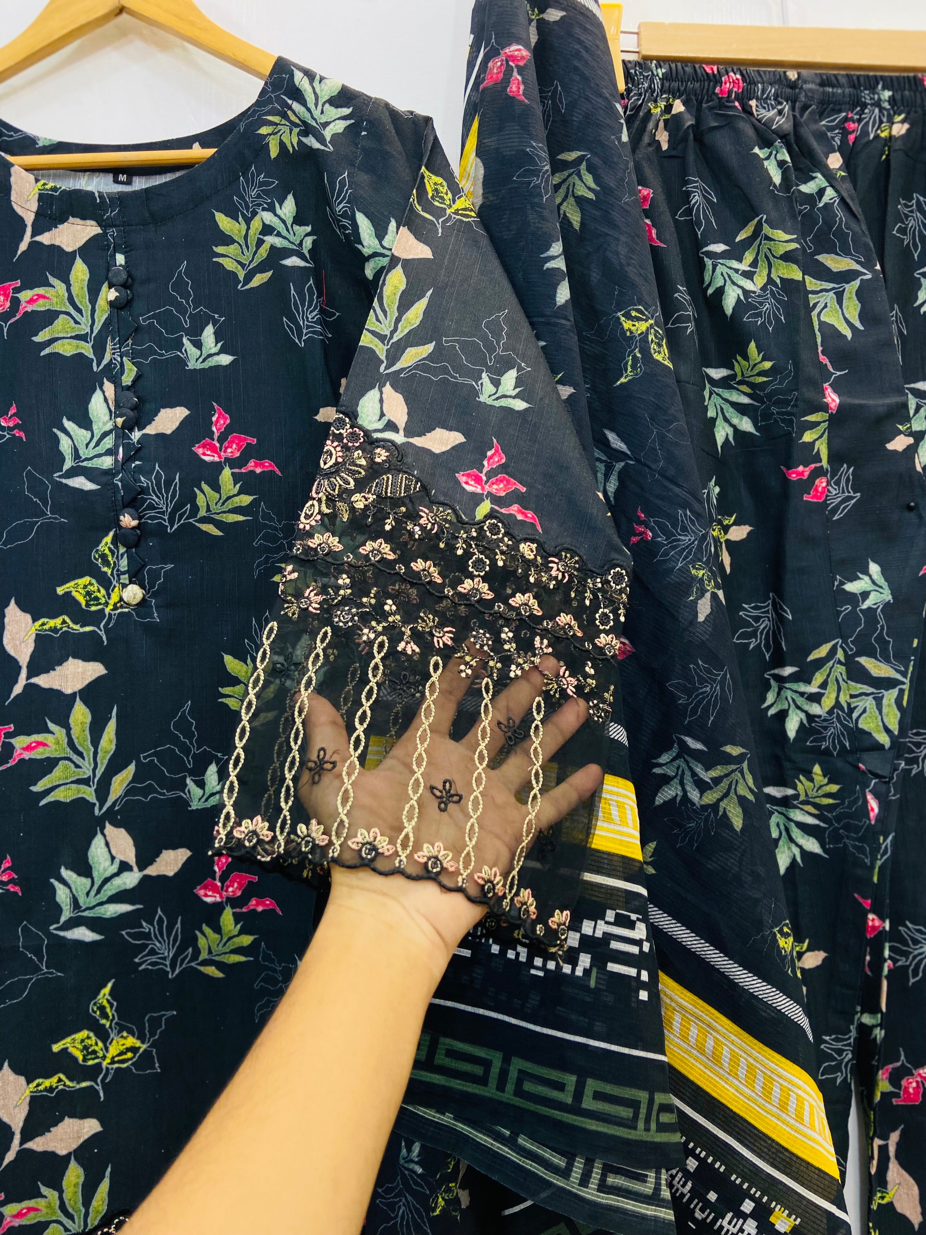 Black Floral Empress 3PC (Premium Cotton) D-146