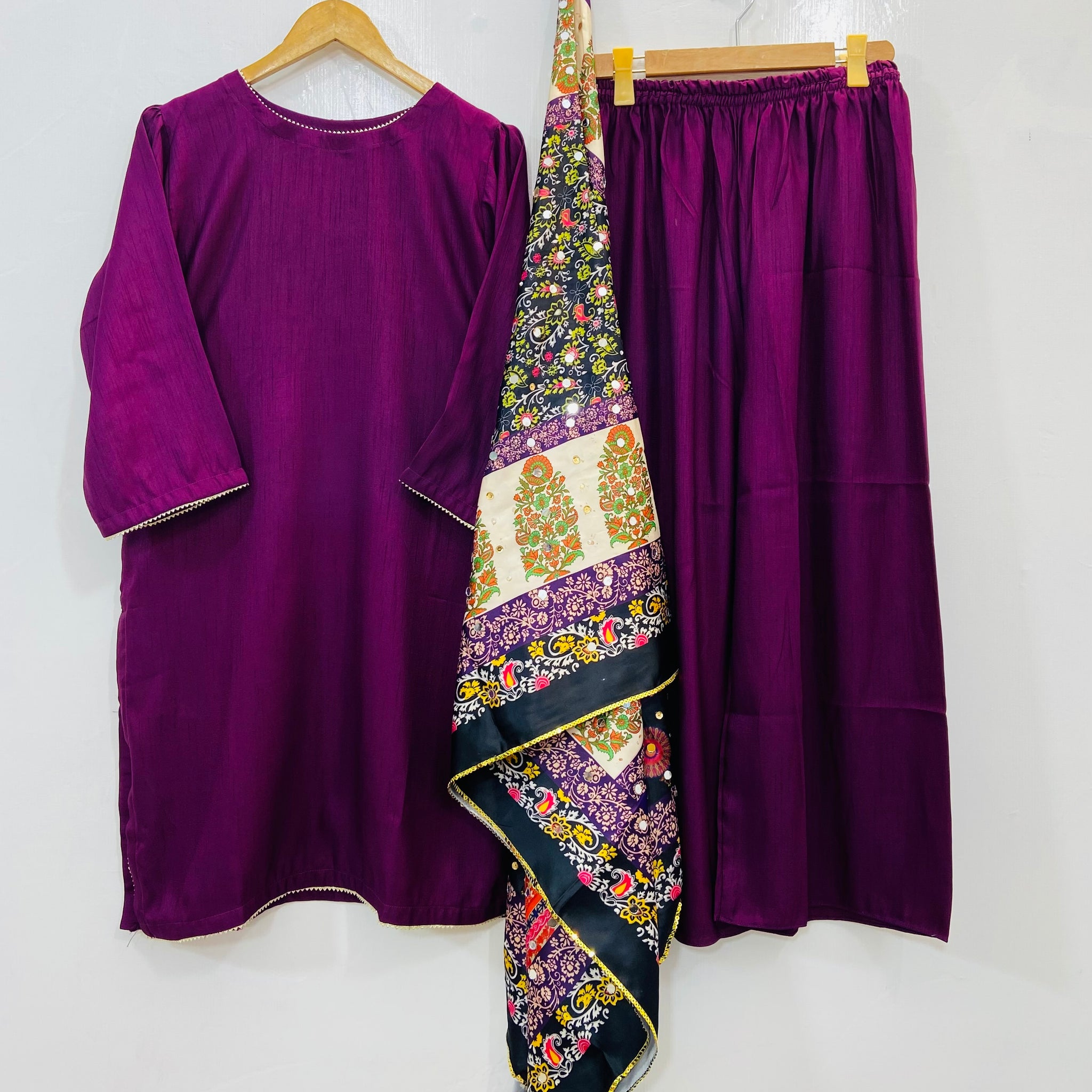 Glamorous 3PC With Mirror Work Shawl (Flowy Silk) D-104