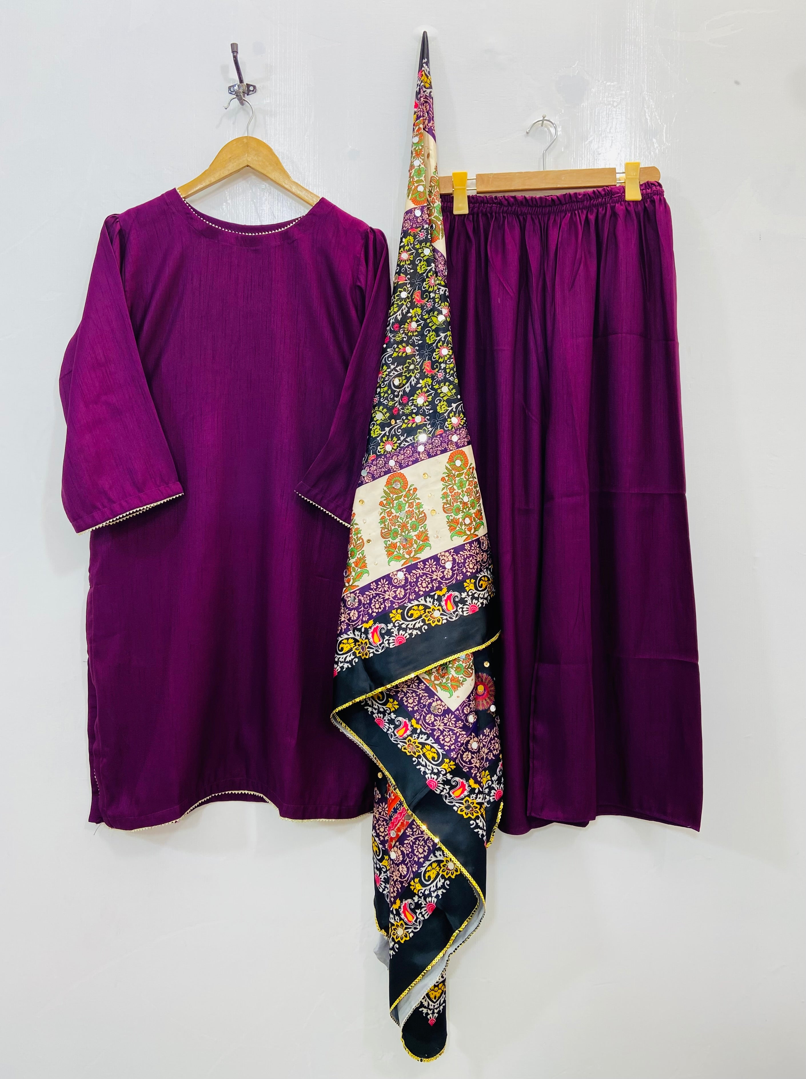 Glamorous 3PC With Mirror Work Shawl (Flowy Silk) D-104