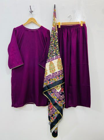 Glamorous 3PC With Mirror Work Shawl (Flowy Silk) D-104
