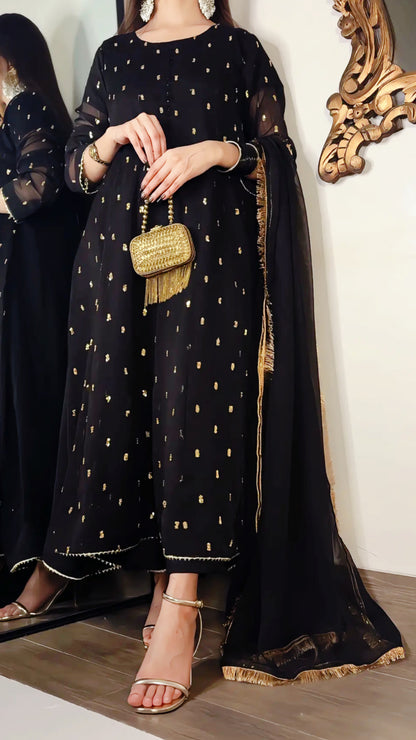 Golden Sparkle Flared Frock 3PC (Chiffon) D-308