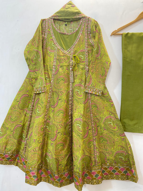 Olive Green Flared Fantacy (Premium Lawn) D-36
