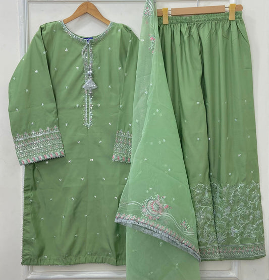 “Dhanak” Embroidered 3PC (Cotton Silk) D-407