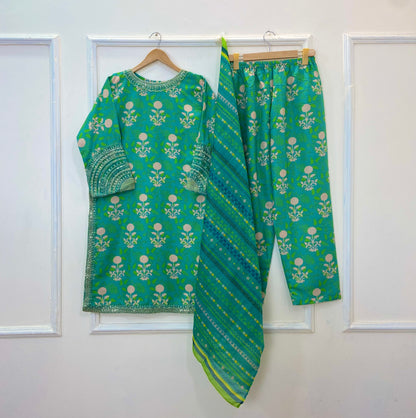 Emerald Embroidered 3PC (Bana Dora Silk) D-370