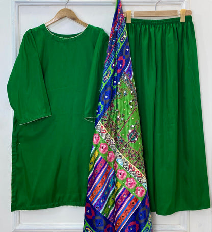 Glamorous 3PC With Mirror Work Shawl (Flowy Silk) D-321