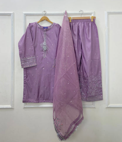 “Dhanak” Embroidered 3PC (Cotton Silk) D-407