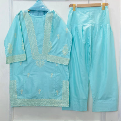 Azure Embroidered 3PC (Premium Cotton) D-369