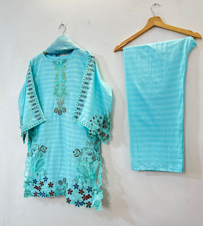 Cutwork Embroidered 3PC (Cotton Lawn) 04-Sky Blue