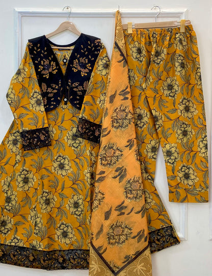 Eid Embroidered Frock 3PC (Premium Cotton) D-457