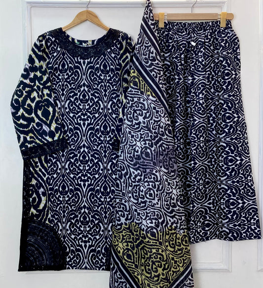 Black Swan Embroidered 3PC (Premium Cotton) D-384