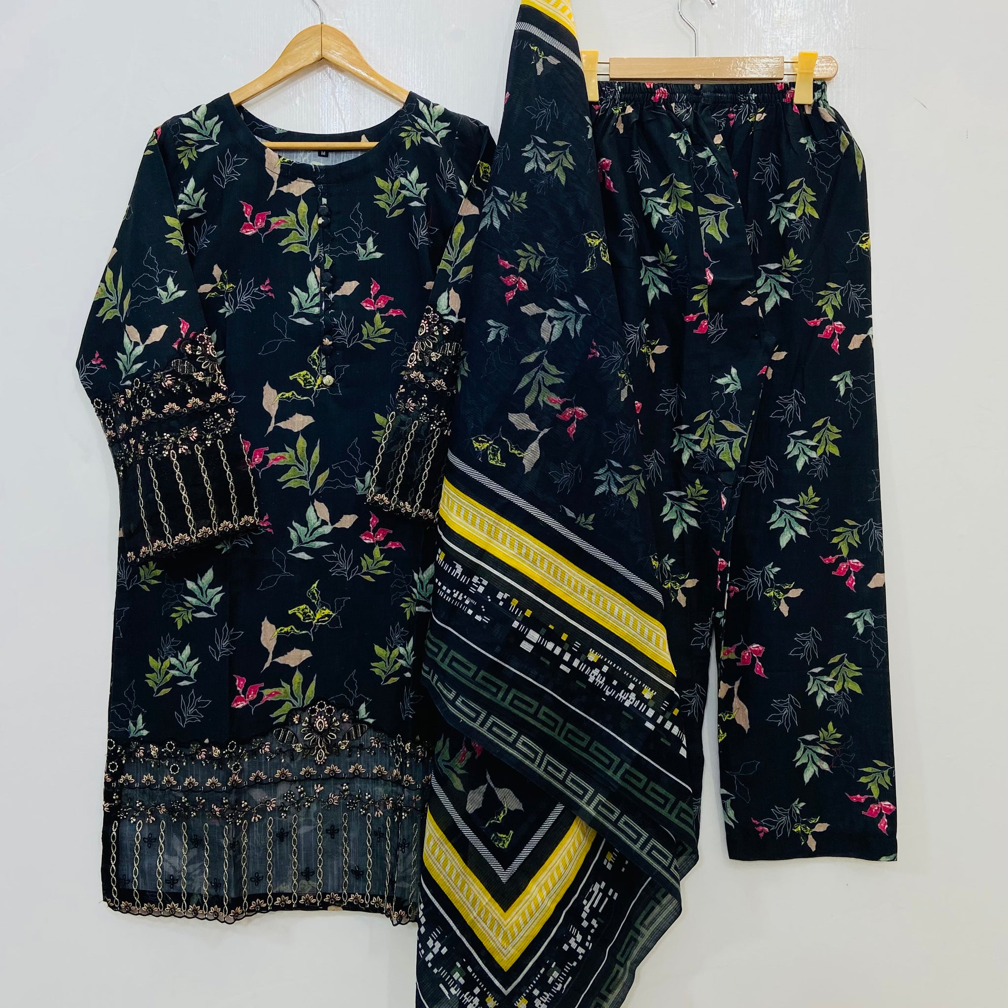 Black Floral Empress 3PC (Premium Cotton) D-146