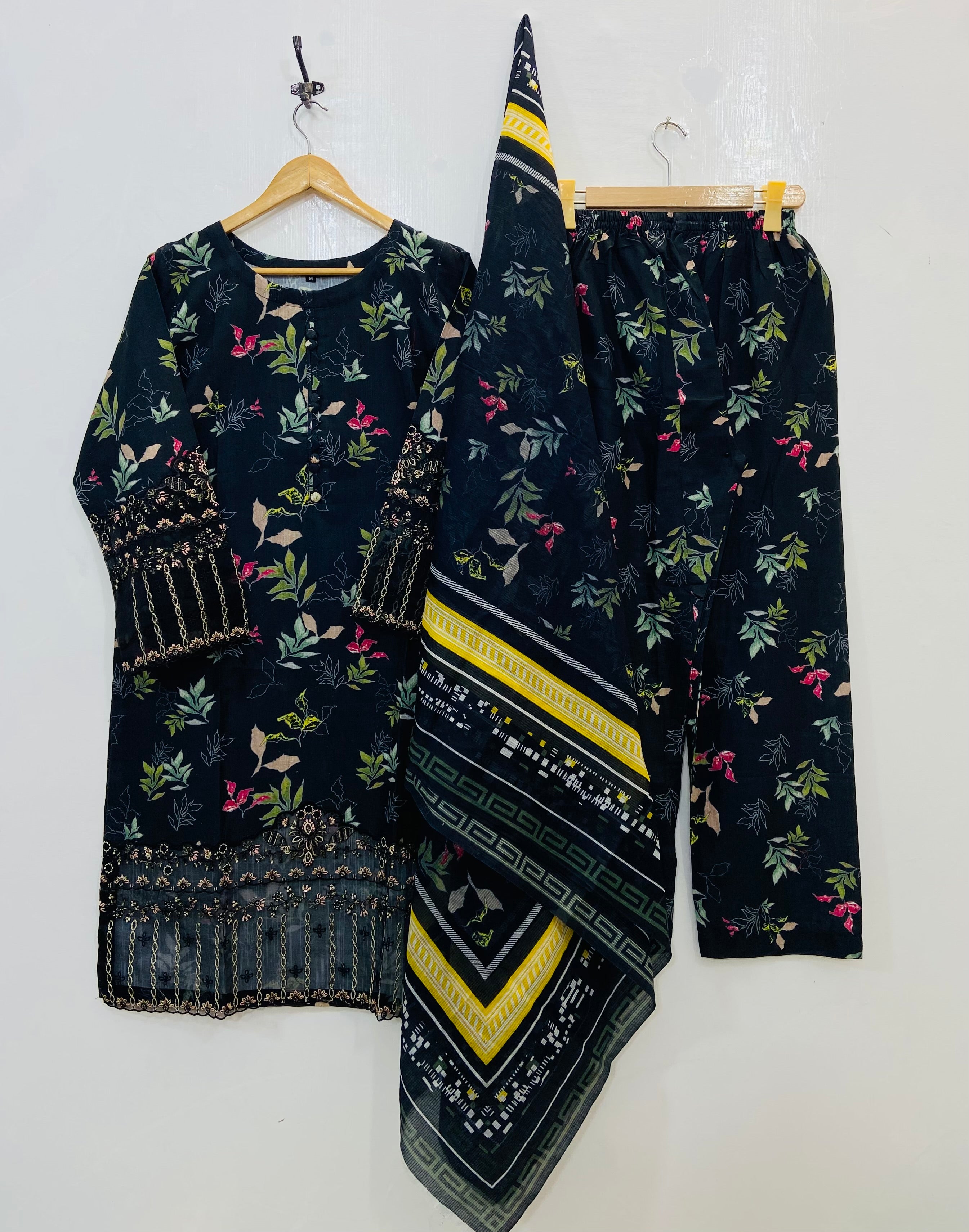 Black Floral Empress 3PC (Premium Cotton) D-146