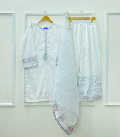 “Dhanak” Embroidered 3PC (Cotton Silk) D-407
