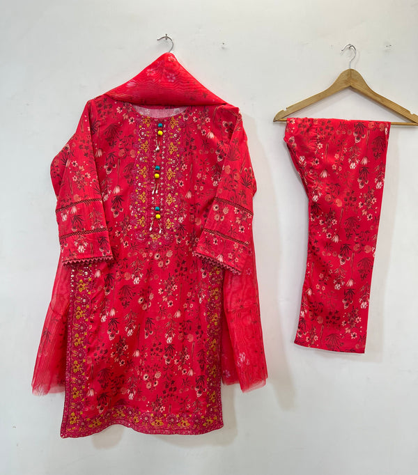 Embroidered 3PC (Lawn) 02-Hot Red