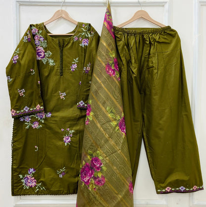 Embroidered Farshi | 3PC Cotton Lawn D-597