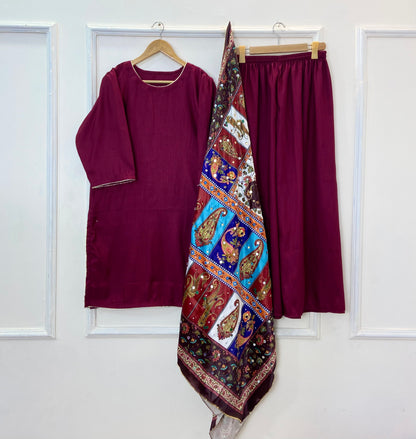 Glamorous 3PC With Mirror Work Shawl (Flowy Silk) D-321