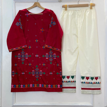 Strawberry Embroidered 2PC (Premium Cotton) D-348