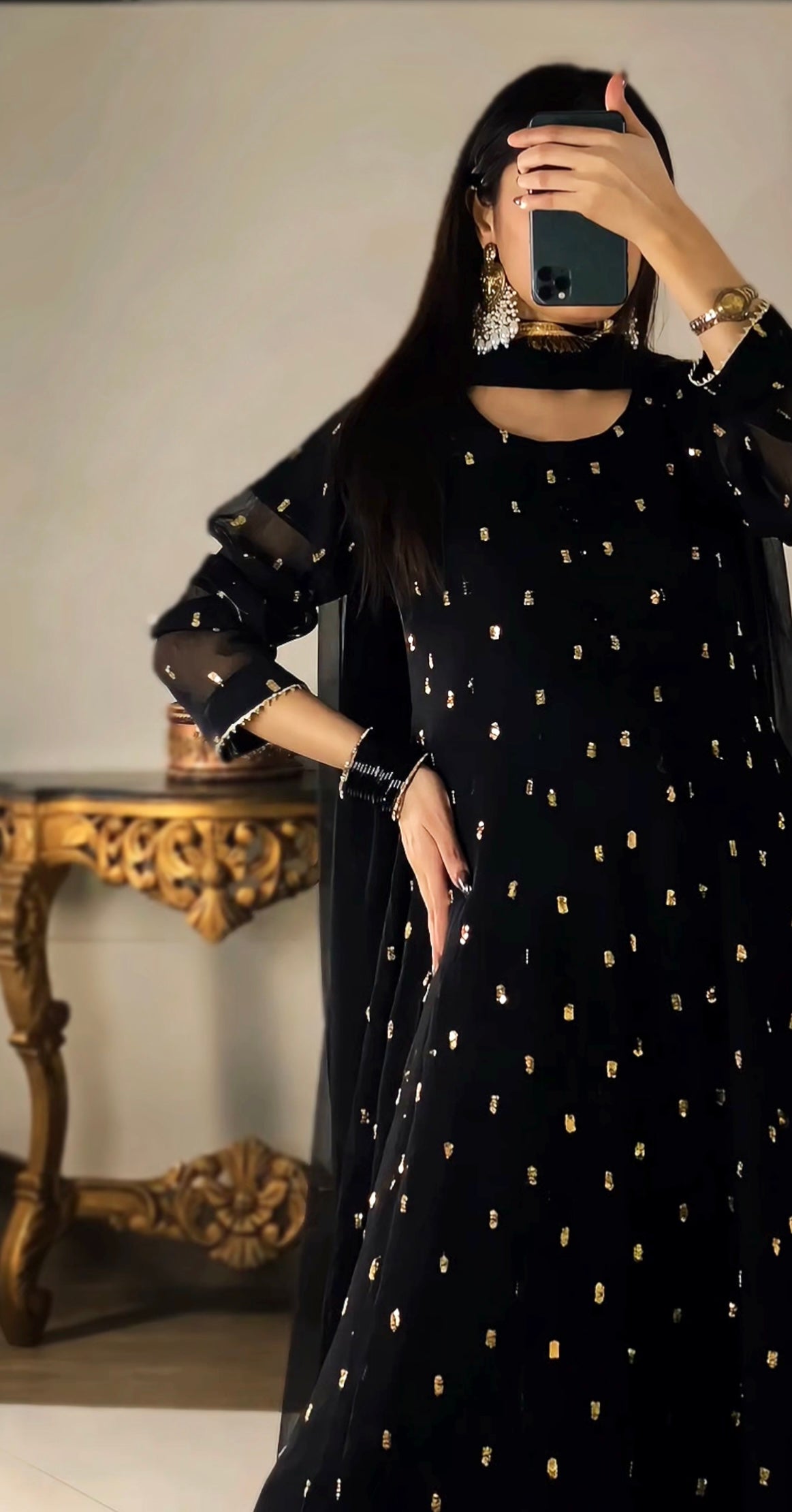 Golden Sparkle Flared Frock 3PC (Chiffon) D-308