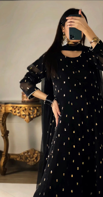 Golden Sparkle Flared Frock 3PC (Chiffon) D-308