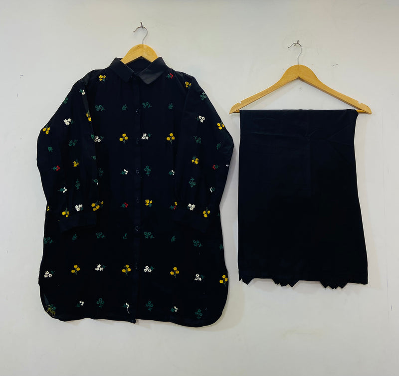 Collar Style Embroidered Co-ord Set (Cotton Lawn) D-53