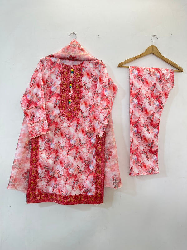 Embroidered 3PC (Lawn) 02-Redish Pink