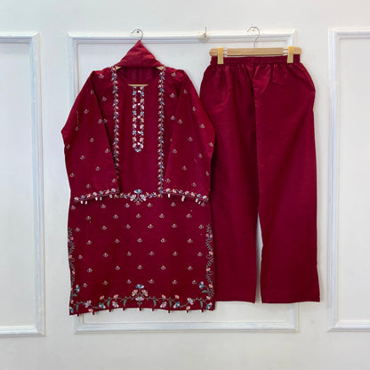 Cross-Stitched Petals Embroidered 3PC (Cotton)D-172