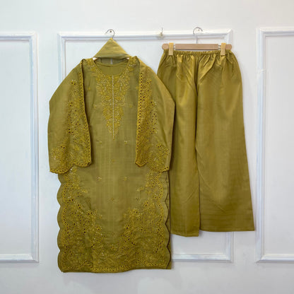 Noori Chicken Kari Embroidered 3PC (Doria Cotton) D-377