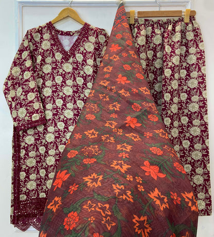 Sequins Embroidered Chic 3PC (Bana Dora Silk) D-296