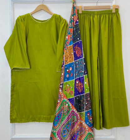 Glamorous 3PC With Mirror Work Shawl (Flowy Silk) D-321