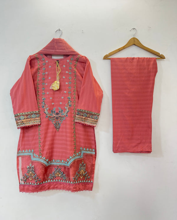 Embroidered 3PC (Cotton Lawn) 03-Tea Pink