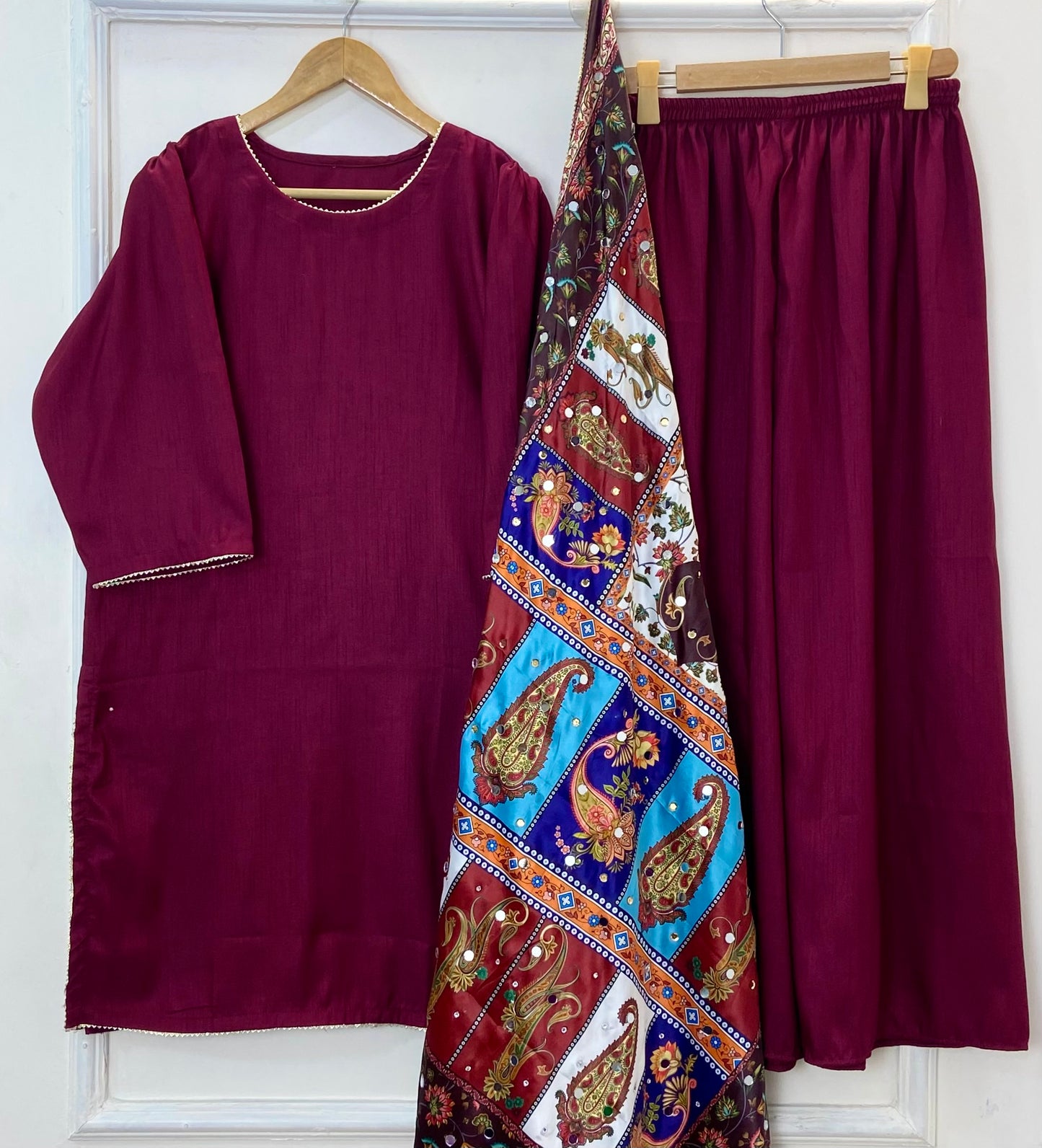 Glamorous 3PC With Mirror Work Shawl (Flowy Silk) D-321