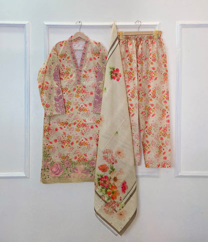Creamy Floral Embroidered 3PC (Premium Cotton) D-340