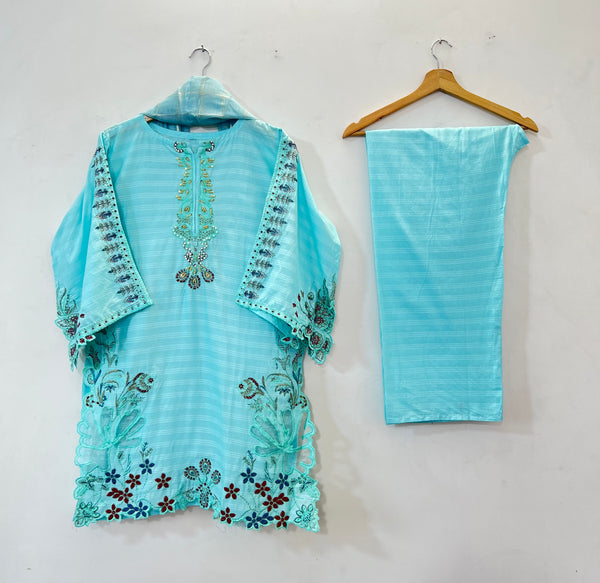 Cutwork Embroidered 3PC (Cotton Lawn) 04-Sky Blue
