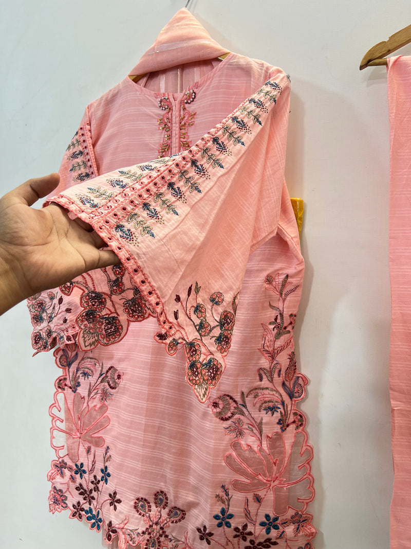 Cutwork Embroidered 3PC (Cotton Lawn) 04-Light Pink