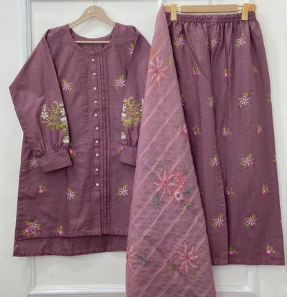 Embroidered Co-Ord Set 3PC (Premium Cotton) D-466