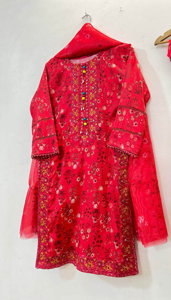 Embroidered 3PC (Lawn) 02-Hot Red