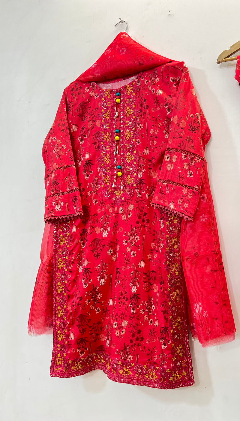 Embroidered 3PC (Lawn) 02-Hot Red